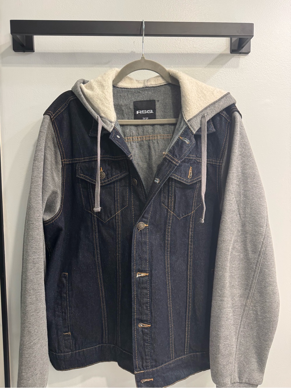 RSQ Dark Blue Denim Jacket with Gray Hooded Sleeves